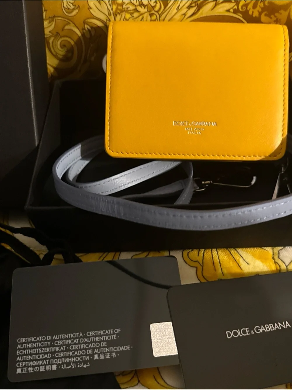 Dolce & Gabbana Mustard Men’s Leather Card HolderCrossbody w/Light Blue Strap
